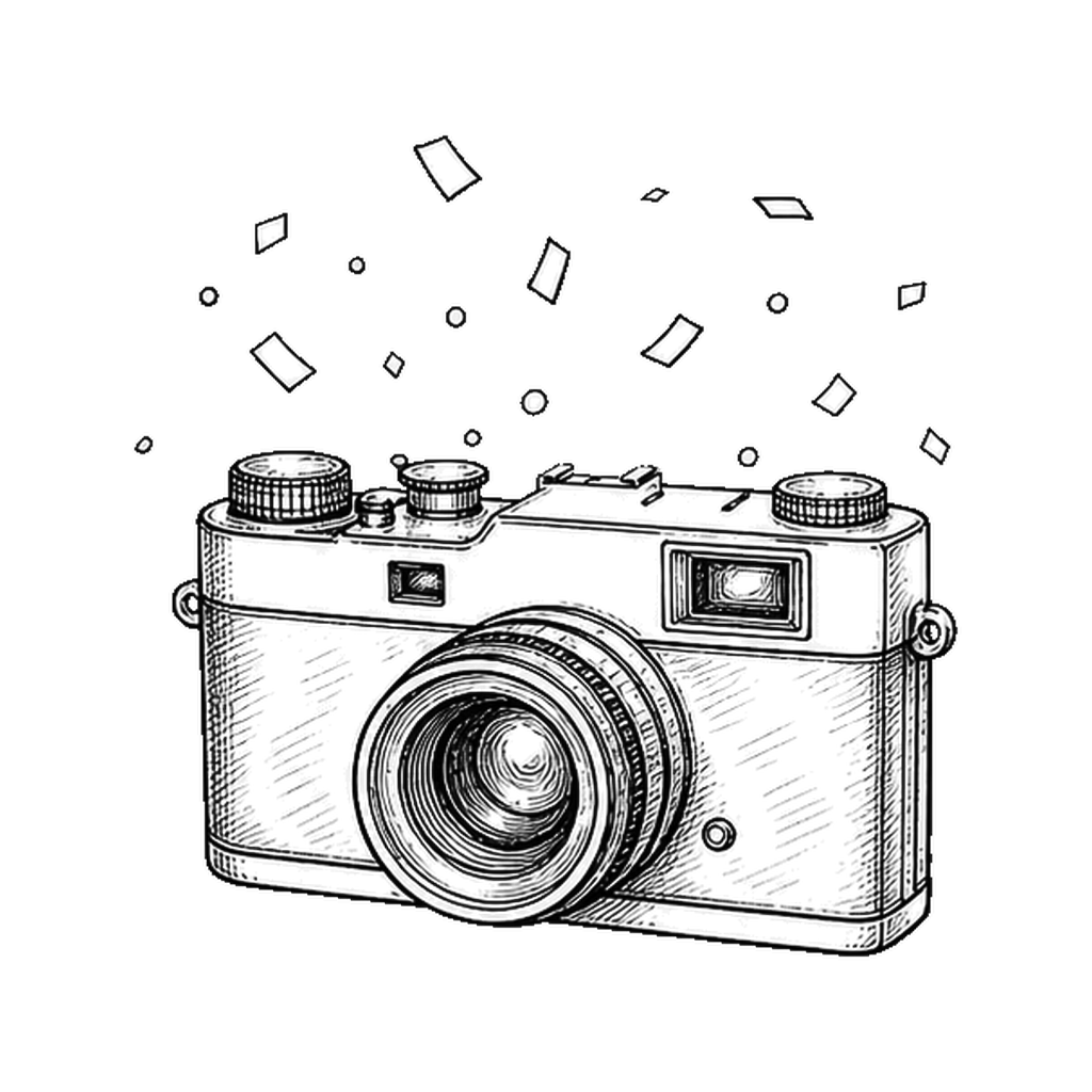 Line drawing of a camera with confetti