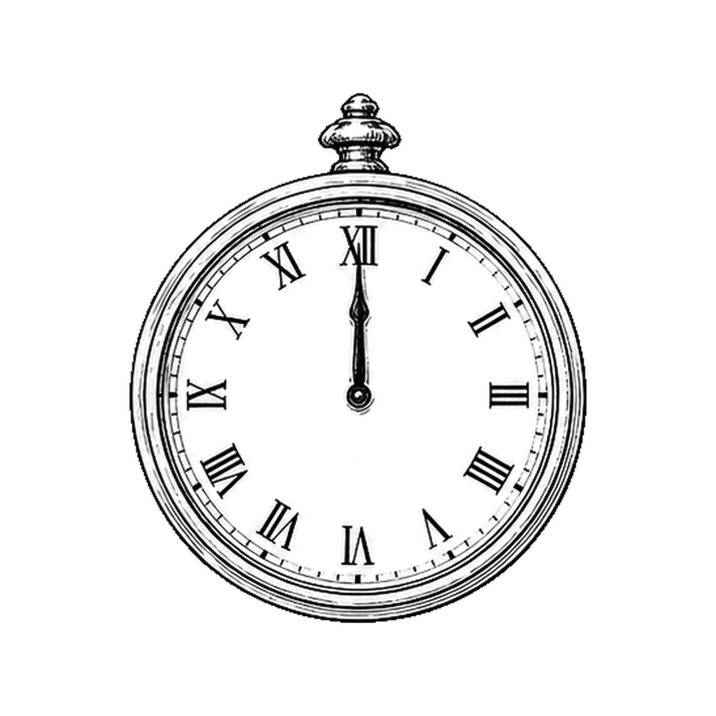 Line drawing of a clock at midnight