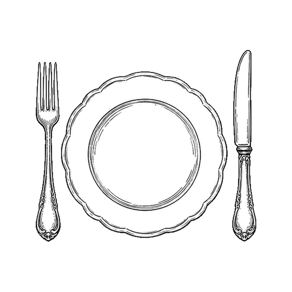 Line drawing of a dinner plate with cutlery